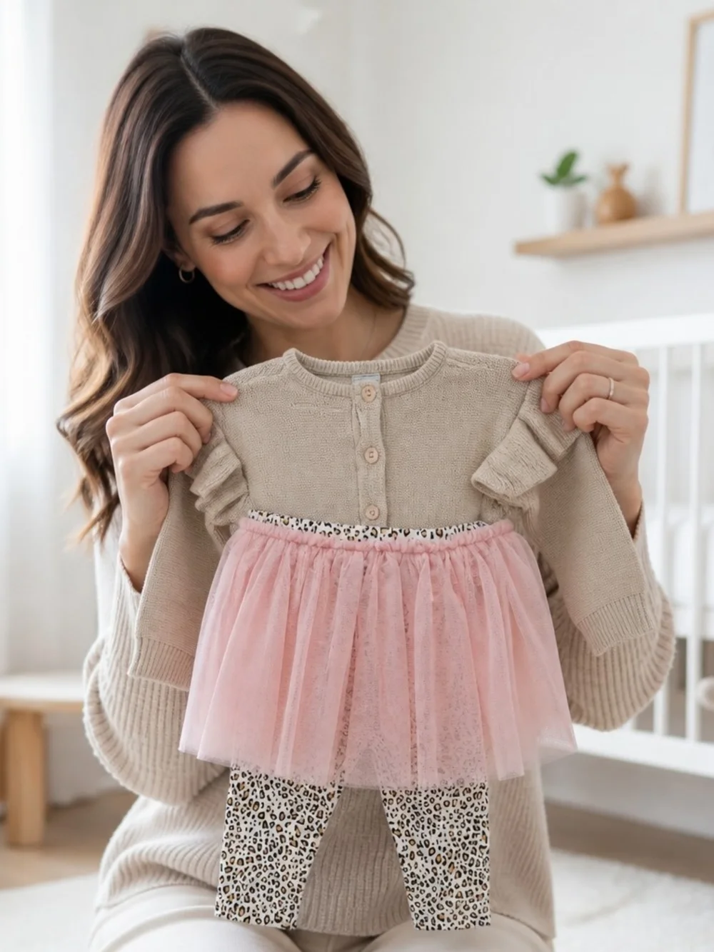 2 pcs Kids Matching Set - Beige Knit Sweater with Pink Tulle Skirt Leggings